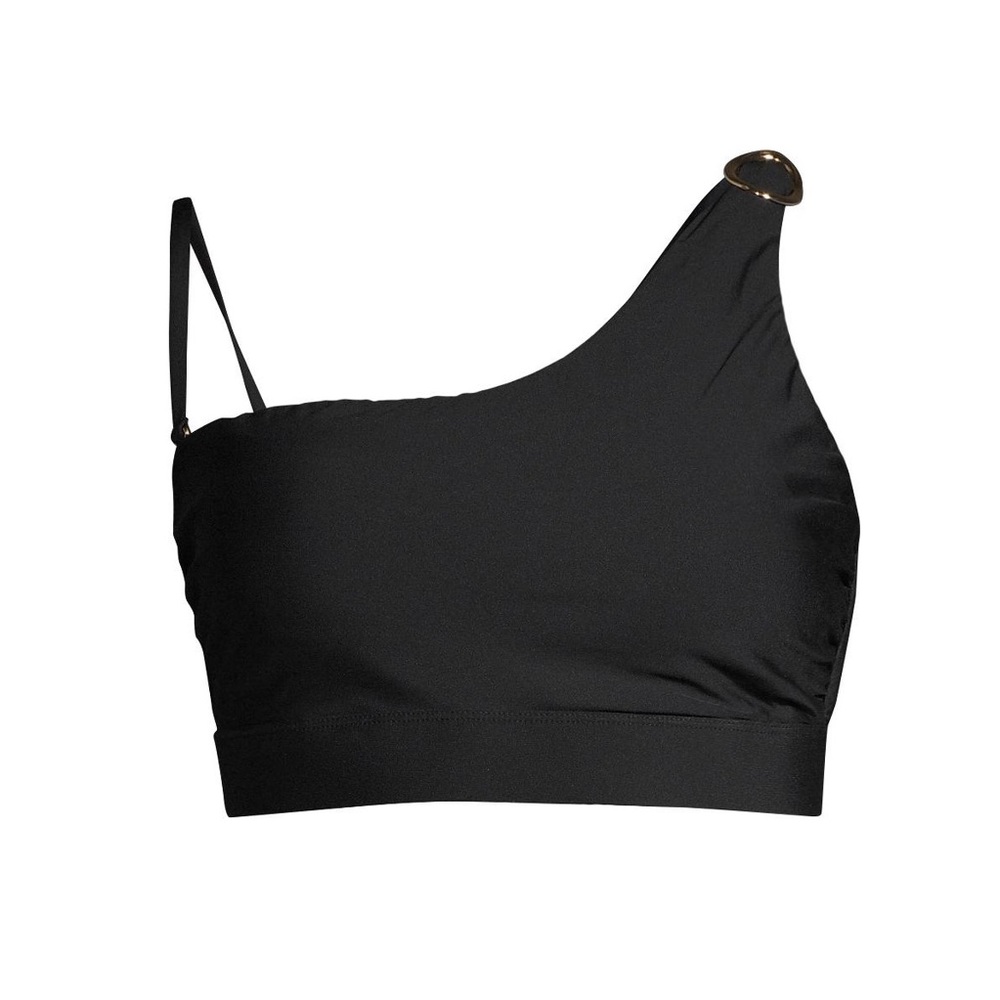 Black support one shoulder bikini top gold clasp